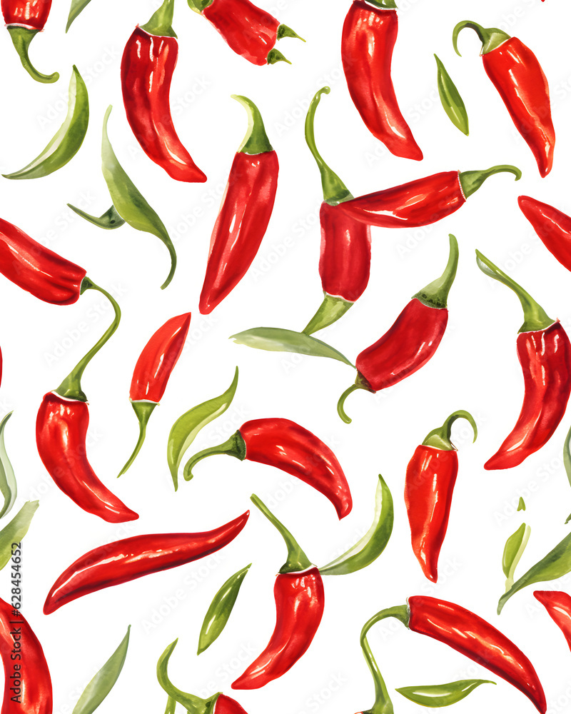 Chili peppers hand drawn seamless pattern created with Generative AI technology Chili peppers hand drawn seamless pattern created with Generative AI technology