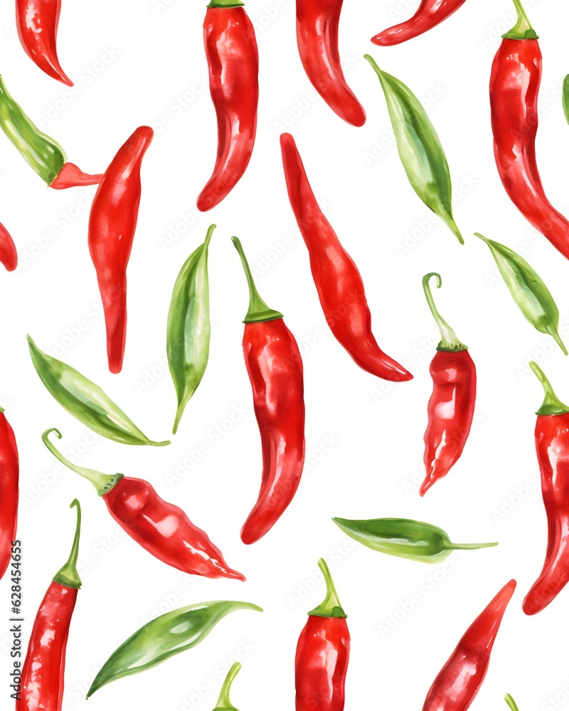 Chili peppers hand drawn seamless pattern created with Generative AI technology Chili peppers hand drawn seamless pattern created with Generative AI technology