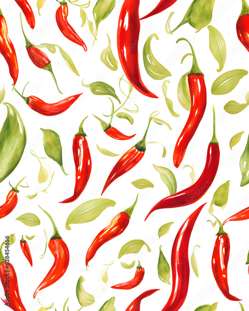 Chili peppers hand drawn seamless pattern created with Generative AI technology Chili peppers hand drawn seamless pattern created with Generative AI technology