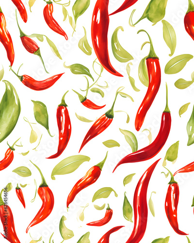 Chili peppers hand drawn seamless pattern created with Generative AI technology