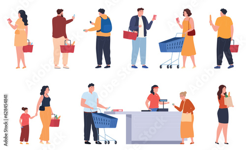 People in grocery store with baskets and carts. Customer service counter. Shopping in a store, supermarket. Vector illustration