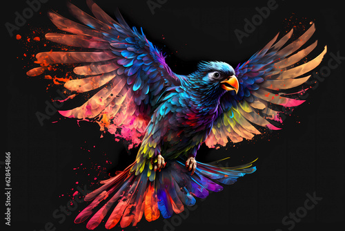 Flying parrot painted in neon watercolors © Alcuin