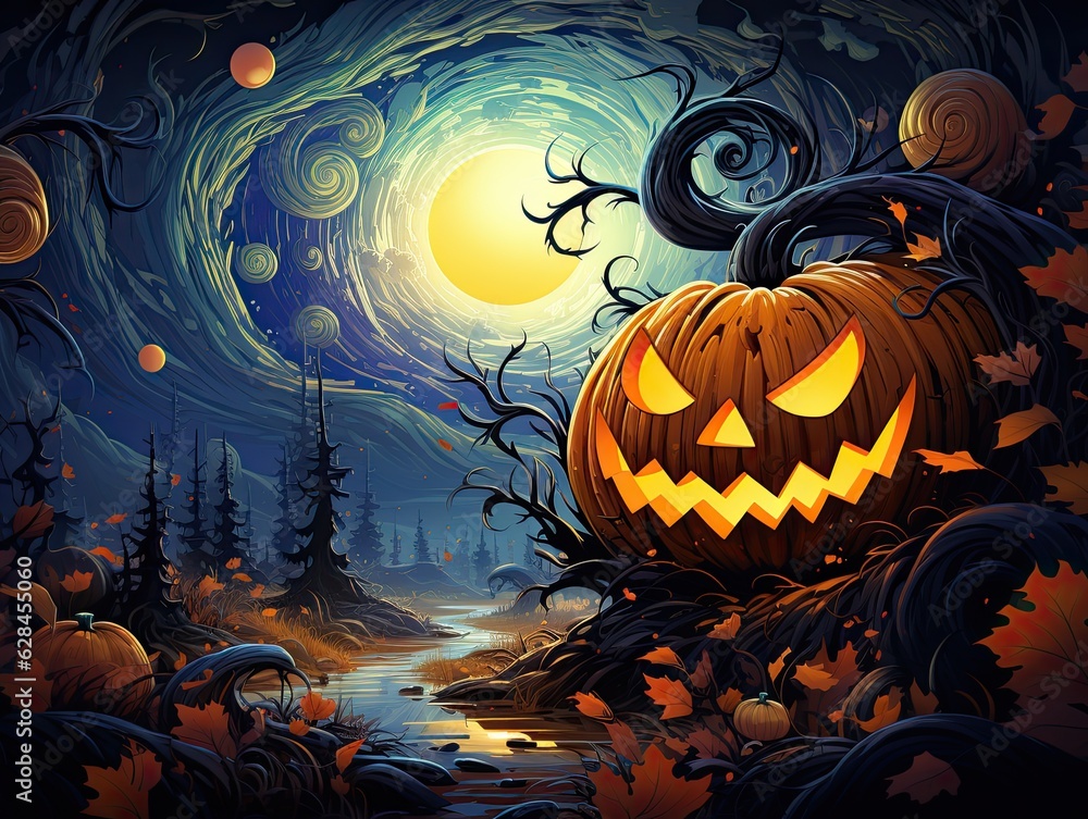 Surreal digital art illustration of an abstract halloween pumpkin standing in a spooky haunted forest