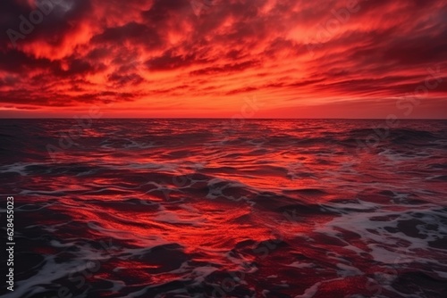 Vibrant Sunset Over Ocean  Gothic Intensity and Atmospheric Drama   Dramatic Red Sky and Clouds