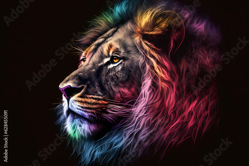 Lion portrait painted in neon watercolors