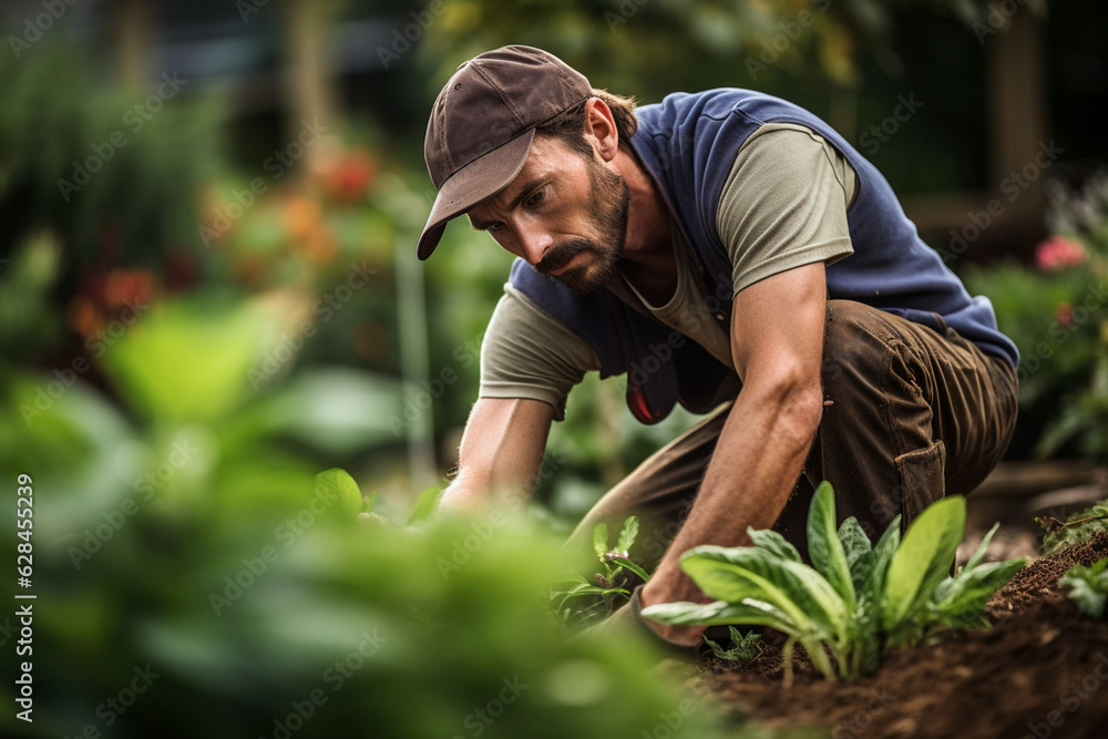 Serene Moments in Gardening: A Vibrant, High-Resolution Photograph of a Focused Gardener 