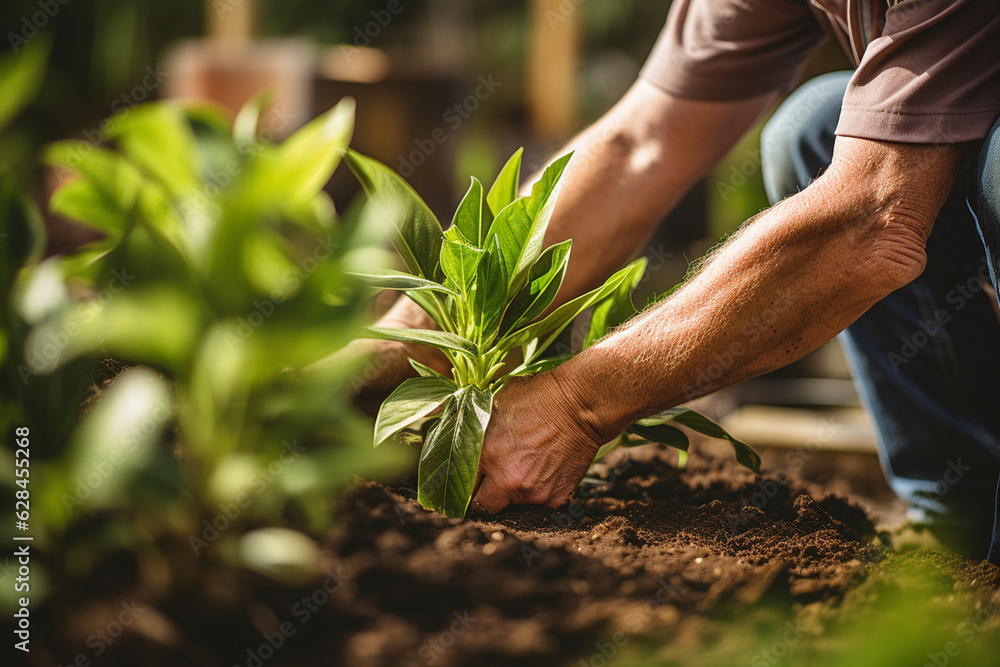 Fototapeta premium Serene Moments in Gardening: A Vibrant, High-Resolution Photograph of a Focused Gardener 