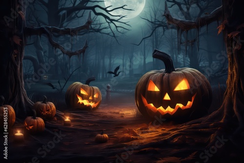 Halloween Pumpkins On Wood In A Spooky Forest At Night © Anatolii