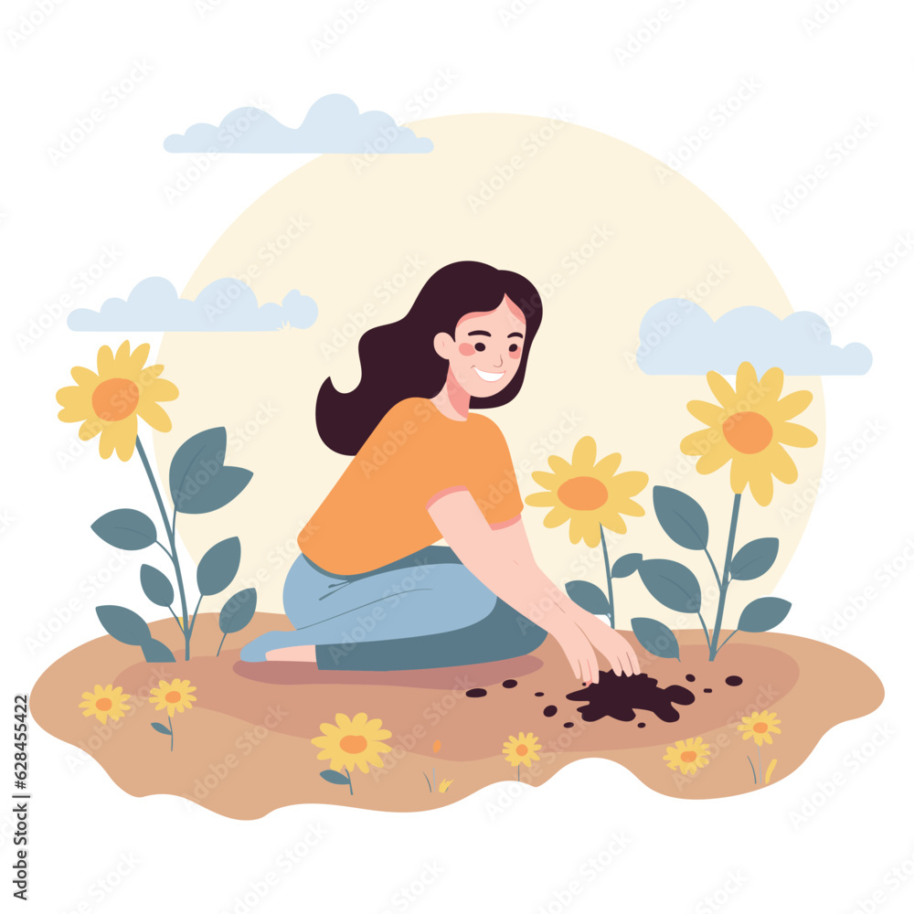 A woman planting flowers  Flat illustration