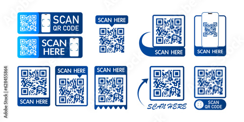 Collection of QR codes with inscription scan here with smart phone. Set of Scan qr code icon. Qr code for payment, mobile app and identification. Vector illustration. photo