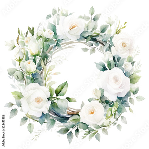 Watercolor floral illustration White roses - wreath. White flowers. Wedding stationary, greetings, wallpapers, background, peonie