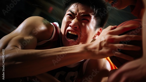 Intense Basketball Battle: Fervent Struggle for Possession. Generative Ai.