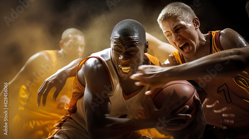 Intense Basketball Battle: Fervent Struggle for Possession. Generative Ai.