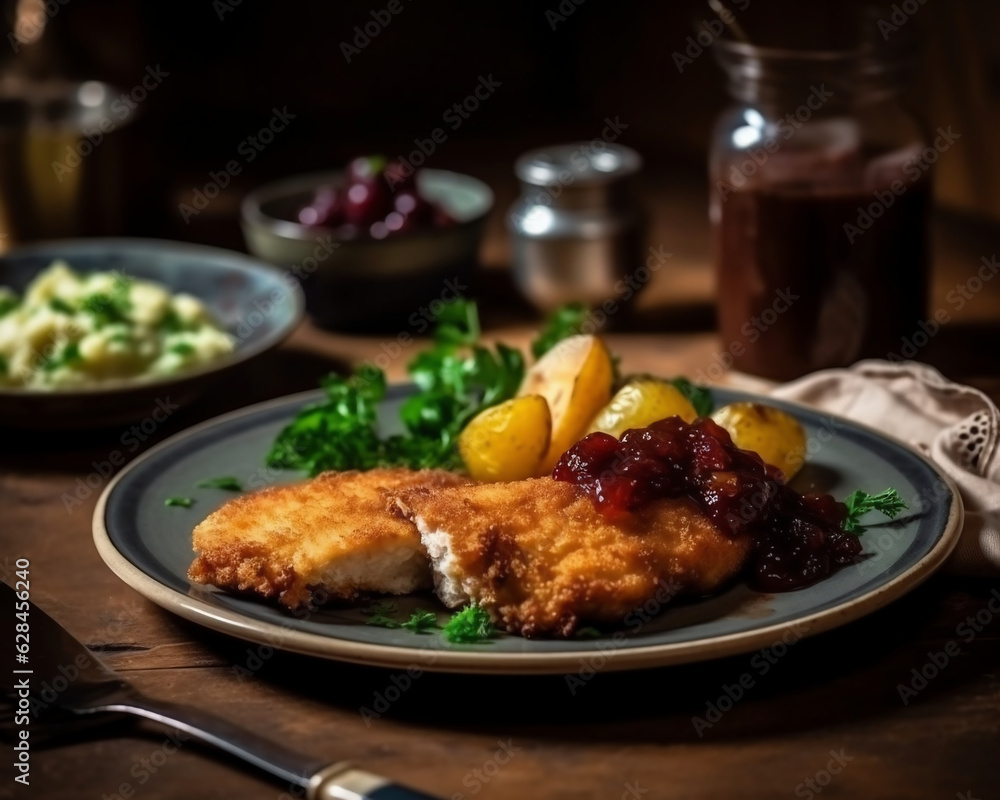Schnitzel mit Bratkartoffeln und Preiselbeermarmelade, generative AI ... Schnitzel mit Bratkartoffeln und Preiselbeermarmelade, generative AI ...