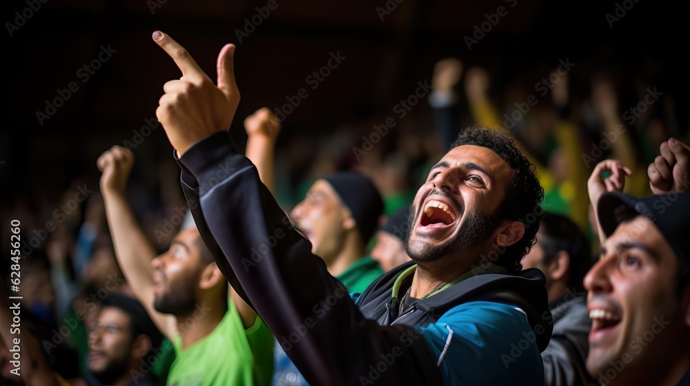 Fototapeta premium Dynamic Basketball Team Celebration with Vibrant Stadium Lights. Generative AI.