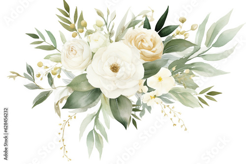 Bouquet of watercolor white flowers isolated on white background