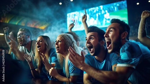 Friends passionately watching World Cup match on TV. Generative Ai.