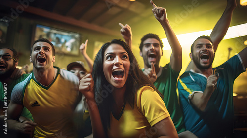 Friends passionately watching World Cup match on TV. Generative Ai.