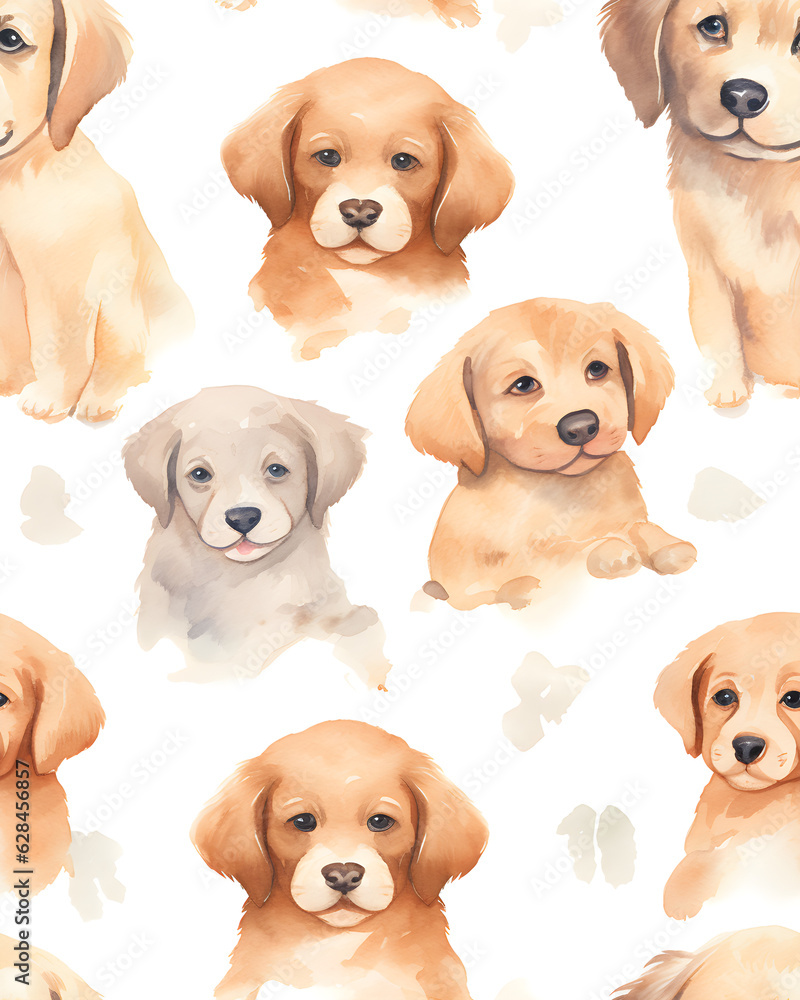 Dogs tileable watercolor hand drawn seamless pattern created with Generative AI technology Dogs tileable watercolor hand drawn seamless pattern created with Generative AI technology
