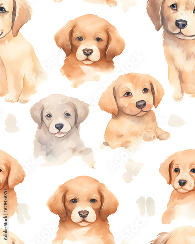 Dogs tileable watercolor hand drawn seamless pattern created with Generative AI technology