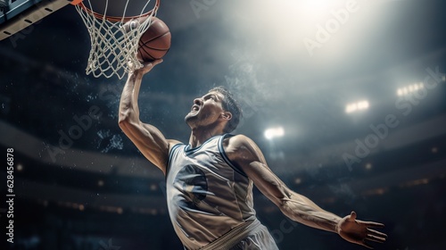 Intense Basketball Game: Athletic Player Executing Powerful Layup or Dunk. Generative Ai.