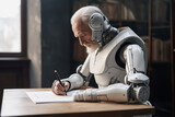 Hombre androide de la tercera edad, rellenando un cuestionario sentado en una mesa. ilustracion de ia generativa