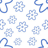 blue flower outline seamless pattern doodle