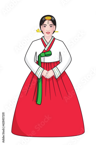 Cute beautiful Korean girl lady or teen dress or costume in traditional dress called Hanbok or Korean clothing drawing in colorful cartoon vector