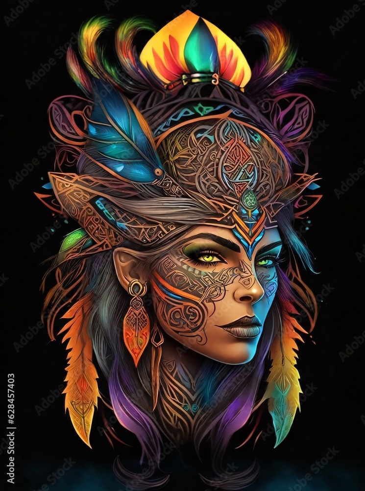 Venetian carnival mask, amazon woman warrior head covered with tattoos