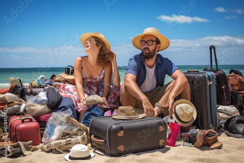 Fun under the sun - a couple humorously grapple with an overwhelming pile of luggage and maps on a beautiful beach