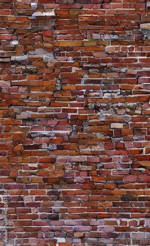 brick wall with small red bricks, crooked