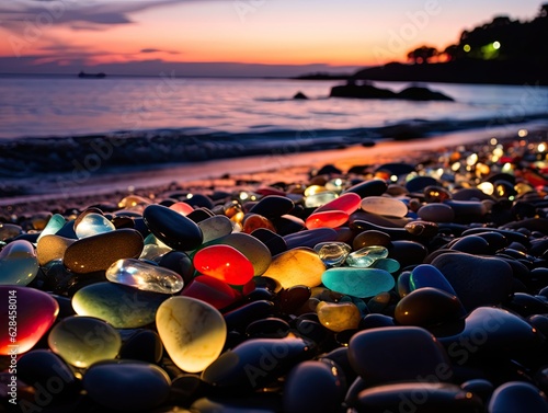 Colorful neon fluorescent pebbles on a sea beach at night. Vibrant neon stones with backlight, glowing stones
