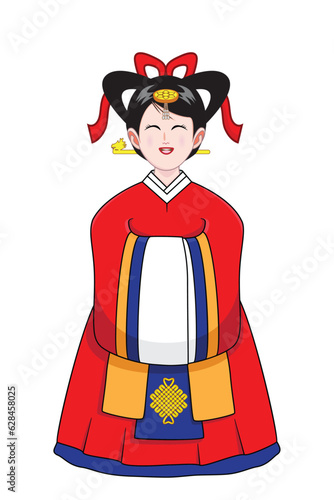 Cute Korean lady or teen costume in red traditional dress ceremonial topcoat Hanbok or Korean clothing called Wonsam drawing in colorful cartoon vector