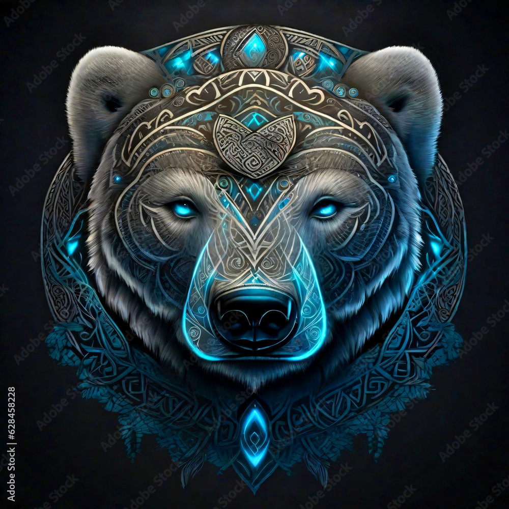 Head of a polar bear decorated with tattoos, shades of blue color