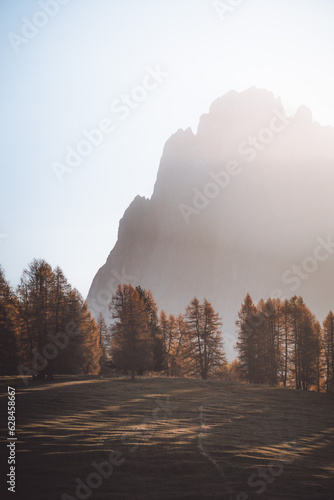 Autumn landscape at Alpe di Siusi sunrise in The Dolomites South Tyrol Italy