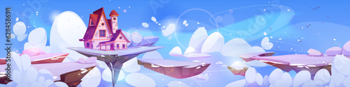 Cozy old house floating on magic winter island in sky. Vector cartoon illustration of fairytale cottage flying on white land covered with ice and snow, snowflakes in blue sky, game level platform