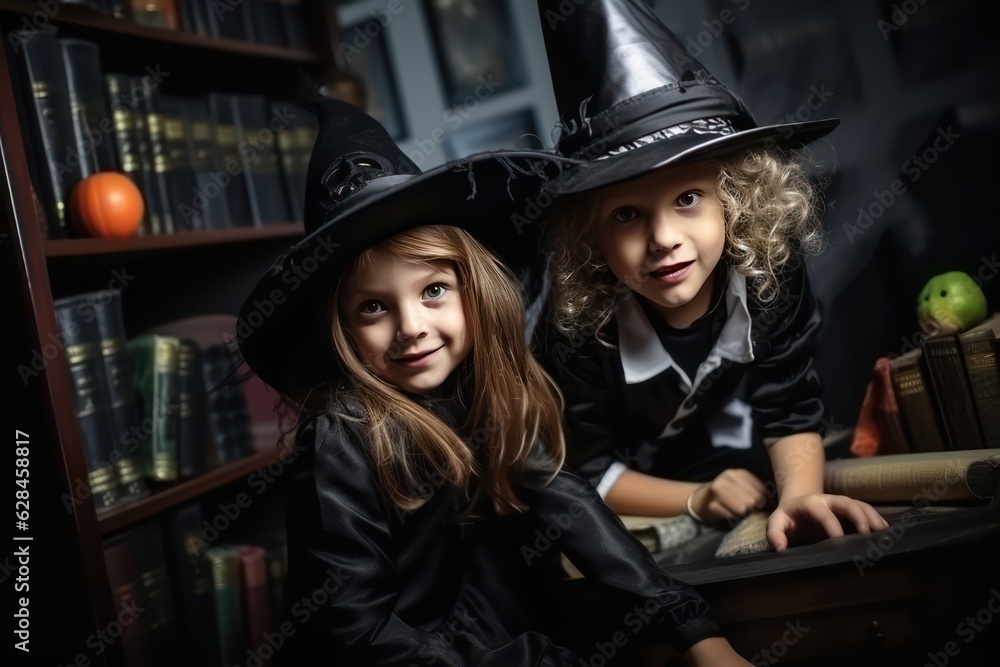 happy children in costumes of witch and vampire in a dark house in holiday Halloween happy children in costumes of witch and vampire in a dark house in holiday Halloween