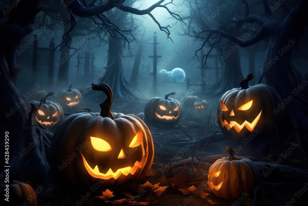 Jack O' Lanterns Glowing At Moonlight In The Spooky Night - Halloween Scene Jack O' Lanterns Glowing At Moonlight In The Spooky Night - Halloween Scene