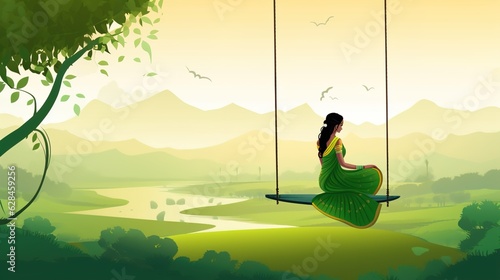 illsuatrtion of indian festival hariyali teej means green teej .woman enjoy the festival with swing in monsoon on beautiful landscape backdrop.illustration