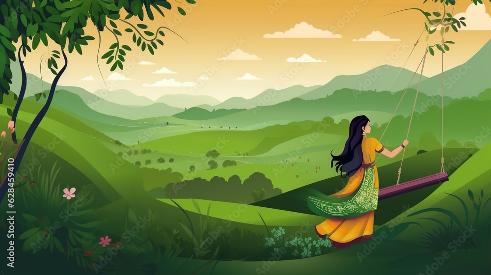 illsuatrtion of indian festival hariyali teej means green teej .woman enjoy the festival with swing in monsoon on beautiful landscape backdrop.illustration