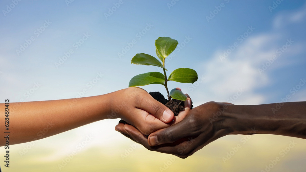 a black and a white hand holding together a litle plant a black and a white hand holding together a litle plant