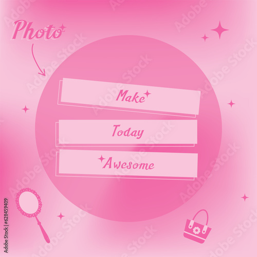 Post template for instagram with photo frame and quote in pink colors in barbie style.Frames, stars, things for barbie. Barbie doll concept.
