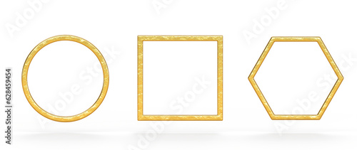 Gold metal frames, yellow round, square and hexagon borders with shiny texture, 3d render icons set. Abstract geometric shapes, luxury graphic elements, photo or avatar game frames. 3D illustration