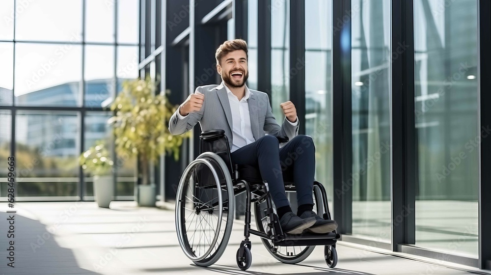 Disabled business man in wheelchair smiling and triumphant. Generative AI. Disabled business man in wheelchair smiling and triumphant. Generative AI.