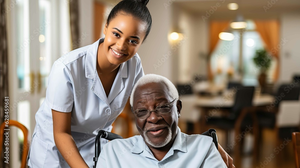 Young African nurse assisting a senior lady in a nursing home. Generative AI. Young African nurse assisting a senior lady in a nursing home. Generative AI.