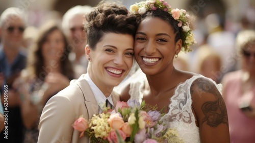 Lesbian interracial couple wedding. Generative AI.