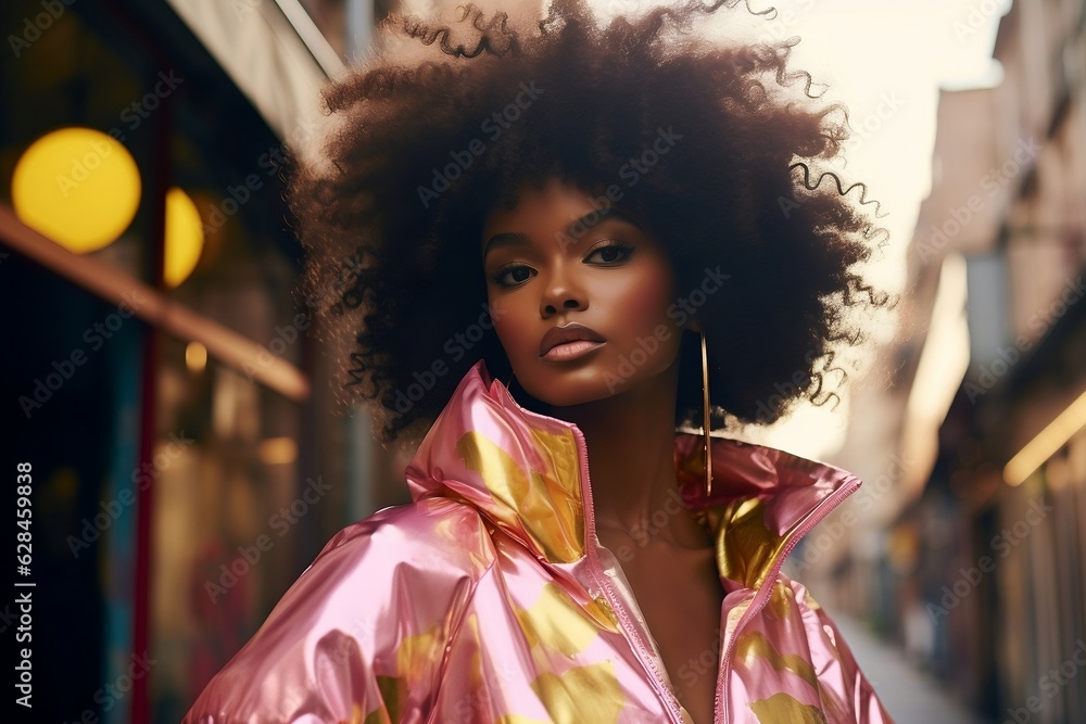Beautiful afro woman model dressed in pink clothes on an urban background, in the style of high fashion magazines. Generative ai.