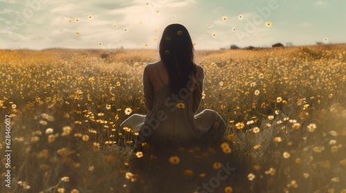 Sad woman sitting in a field of flowers. Generative AI