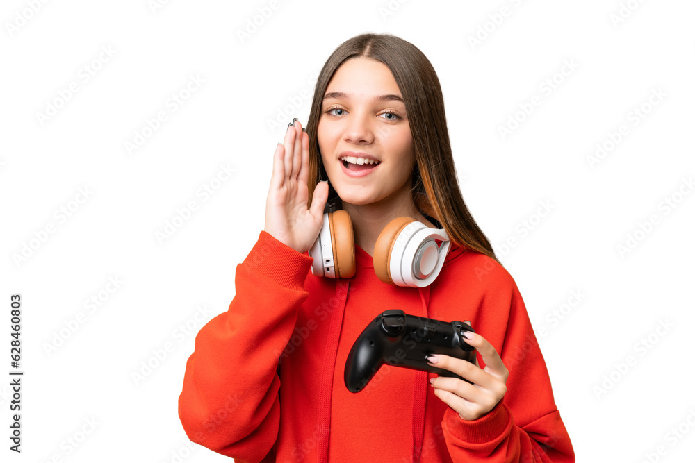 Teenager caucasian girl playing with a video game controller over isolated background shouting with mouth wide open Teenager caucasian girl playing with a video game controller over isolated background shouting with mouth wide open
