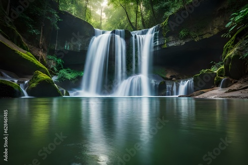 Waterfall view from inside the cave.AI generated